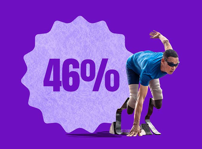46% on a badge beside a man on a starting block. 