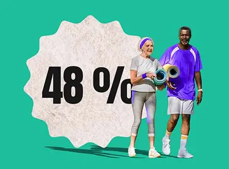 48 % sur un écusson à côté de deux personens avec des tapis de yoga.
