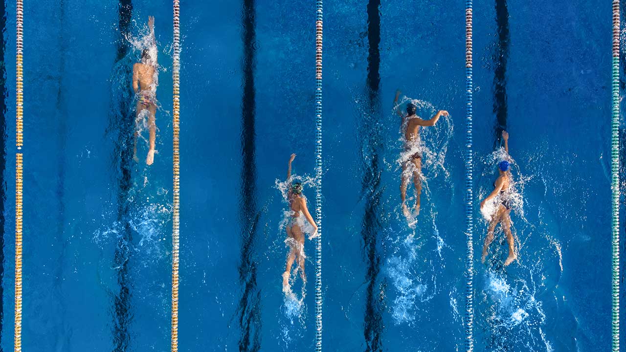 An aerial view of people swimming in a pool
