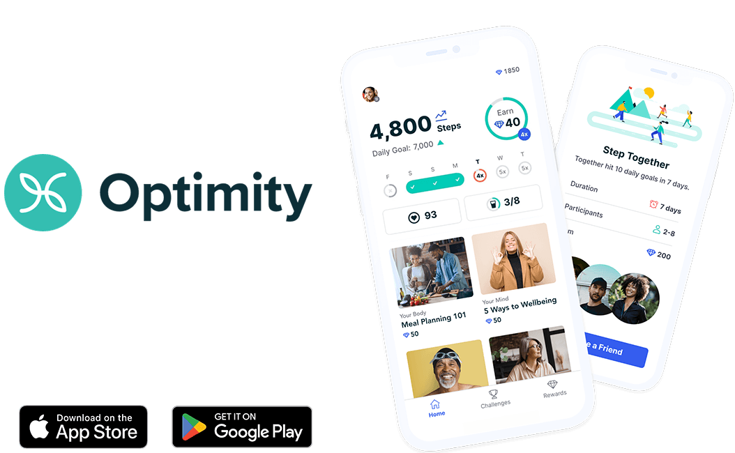 The Optimity logo beside two smartphones displaying the Optimity app home screen. Download on the App Store. Get it on Google Play.