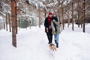 couple walking a dog