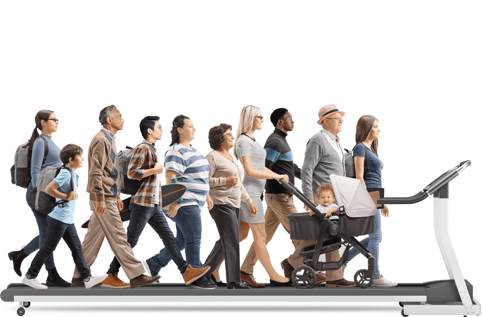 A group of people walking on giant treadmill