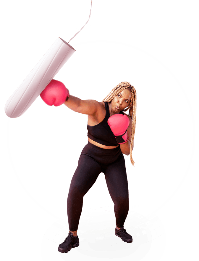 A woman in boxing gloves hitting tampon