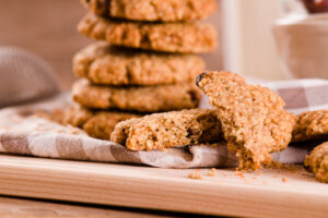 A stack of cookies on a table cloth