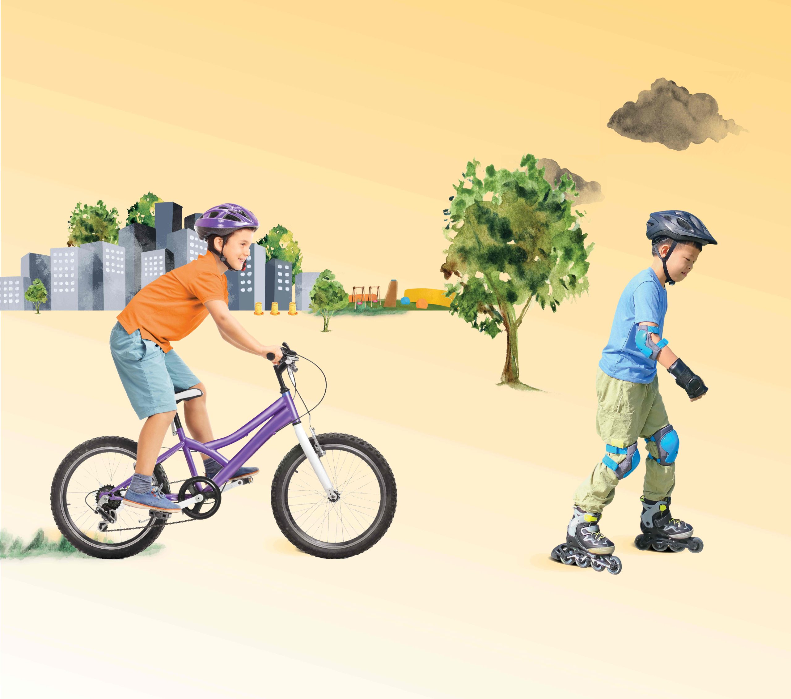 Un garçon sur une bicyclette et un autre en patins à roues alignées dans la ville. Un garçon sur une bicyclette et un autre en patins à roues alignées dans la ville.
