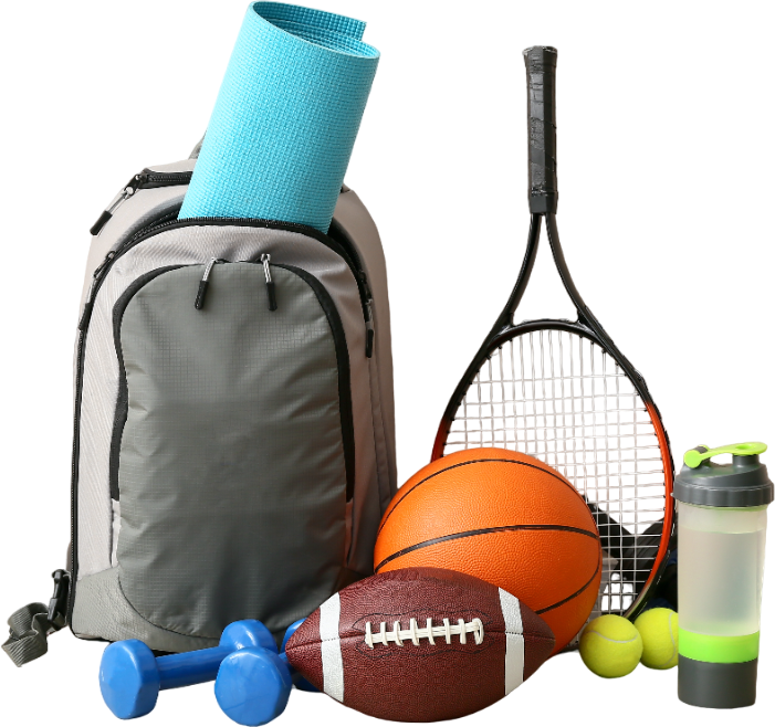 Various sport objects on the ground including, yoga mat, basketball, football, raquet Various sport objects on the ground including, yoga mat, basketball, football, raquet