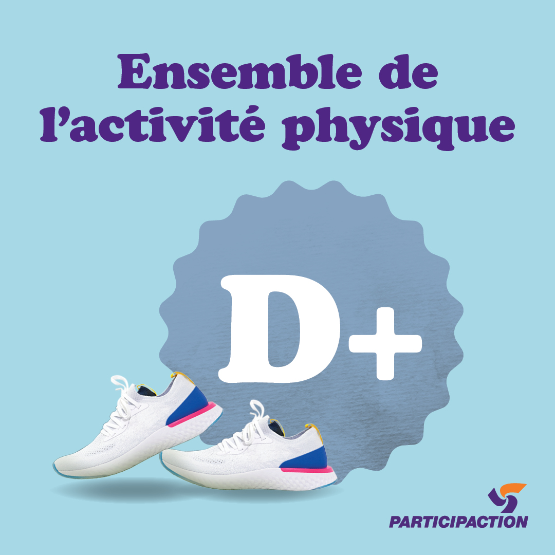 Ensemble de l’activité physique. Une paire d’espadrilles à côté d’une roue dentée sur laquelle la note « D+ » apparaît. Logo de ParticipACTION Ensemble de l’activité physique. Une paire d’espadrilles à côté d’une roue dentée sur laquelle la note « D+ » apparaît. Logo de ParticipACTION