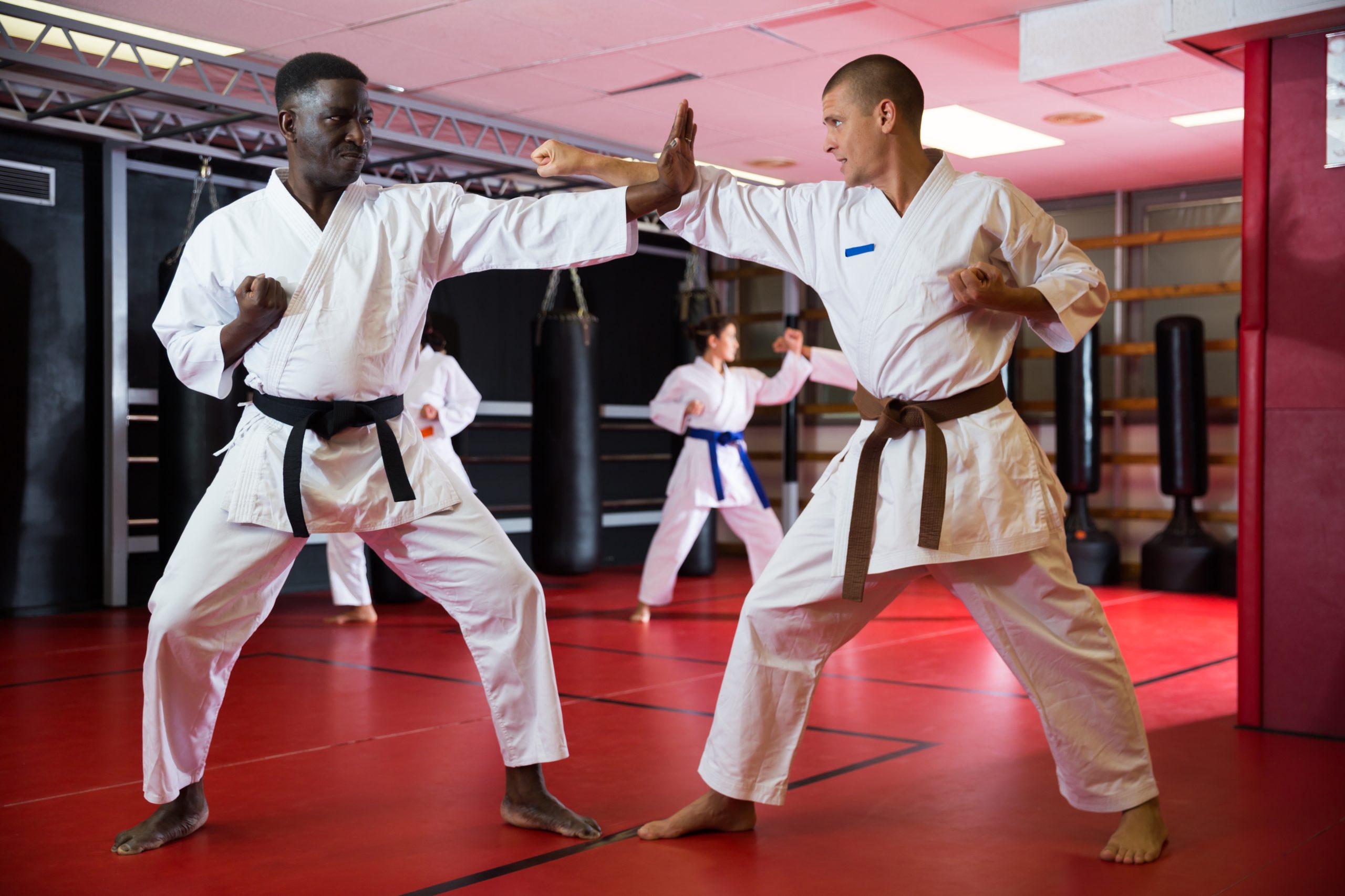 Deux hommes faisant du karaté dans un gymnase. Deux hommes faisant du karaté dans un gymnase.