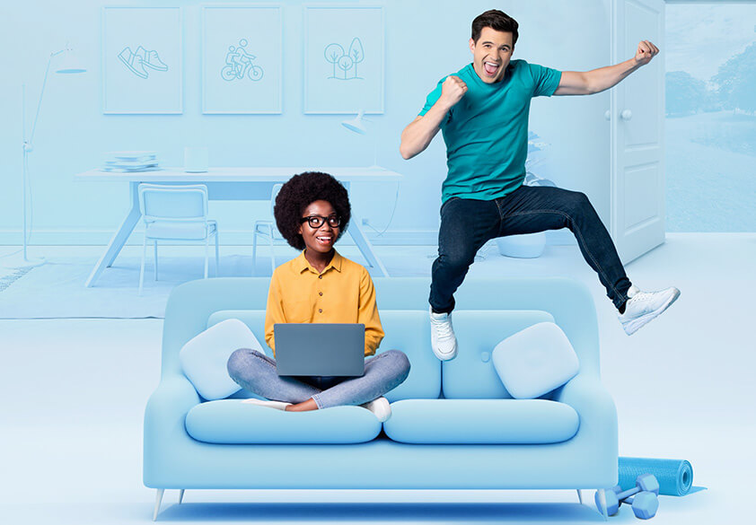 Adult report card cover depicting two motivated individuals, one jumping on a couch Adult report card cover depicting two motivated individuals, one jumping on a couch
