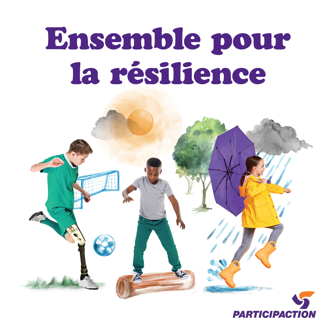 Ensemble pour la résilience. Un garçon botte un ballon de soccer dessiné, un garçon se tient en équilibre sur un rondin dessiné et une fille qui tient un parapluie gambade sous un nuage de pluie dessiné. Logo ParticipACTION Ensemble pour la résilience. Un garçon botte un ballon de soccer dessiné, un garçon se tient en équilibre sur un rondin dessiné et une fille qui tient un parapluie gambade sous un nuage de pluie dessiné. Logo ParticipACTION