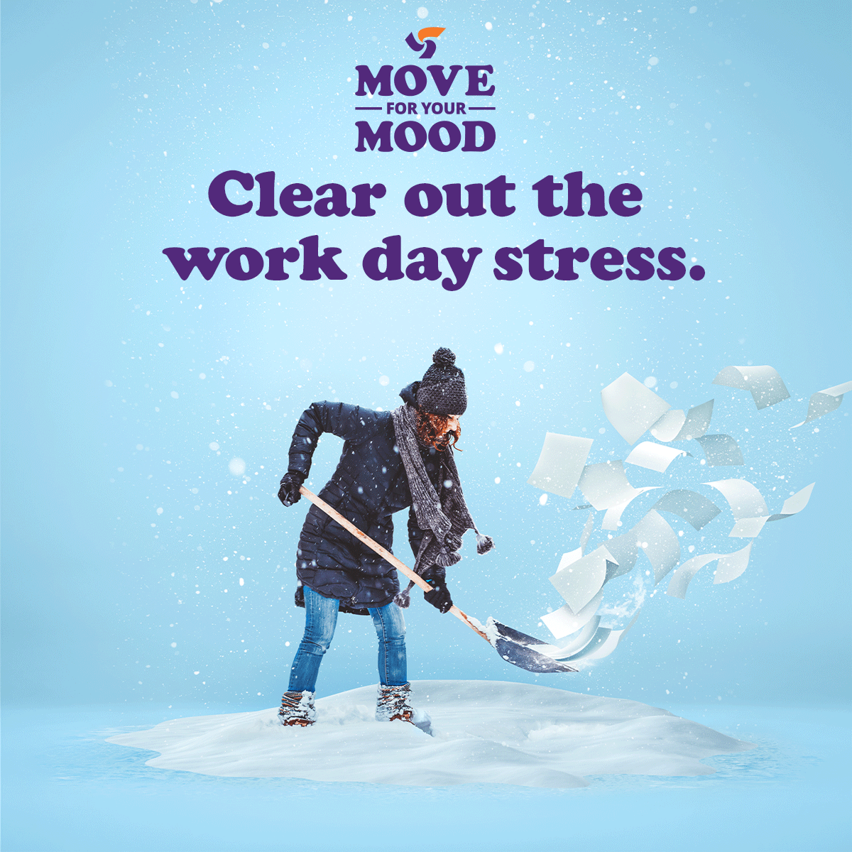 Move for your Mood. Clear out the work day stress. A woman shoveling papers. Move for your Mood. Clear out the work day stress. A woman shoveling papers.