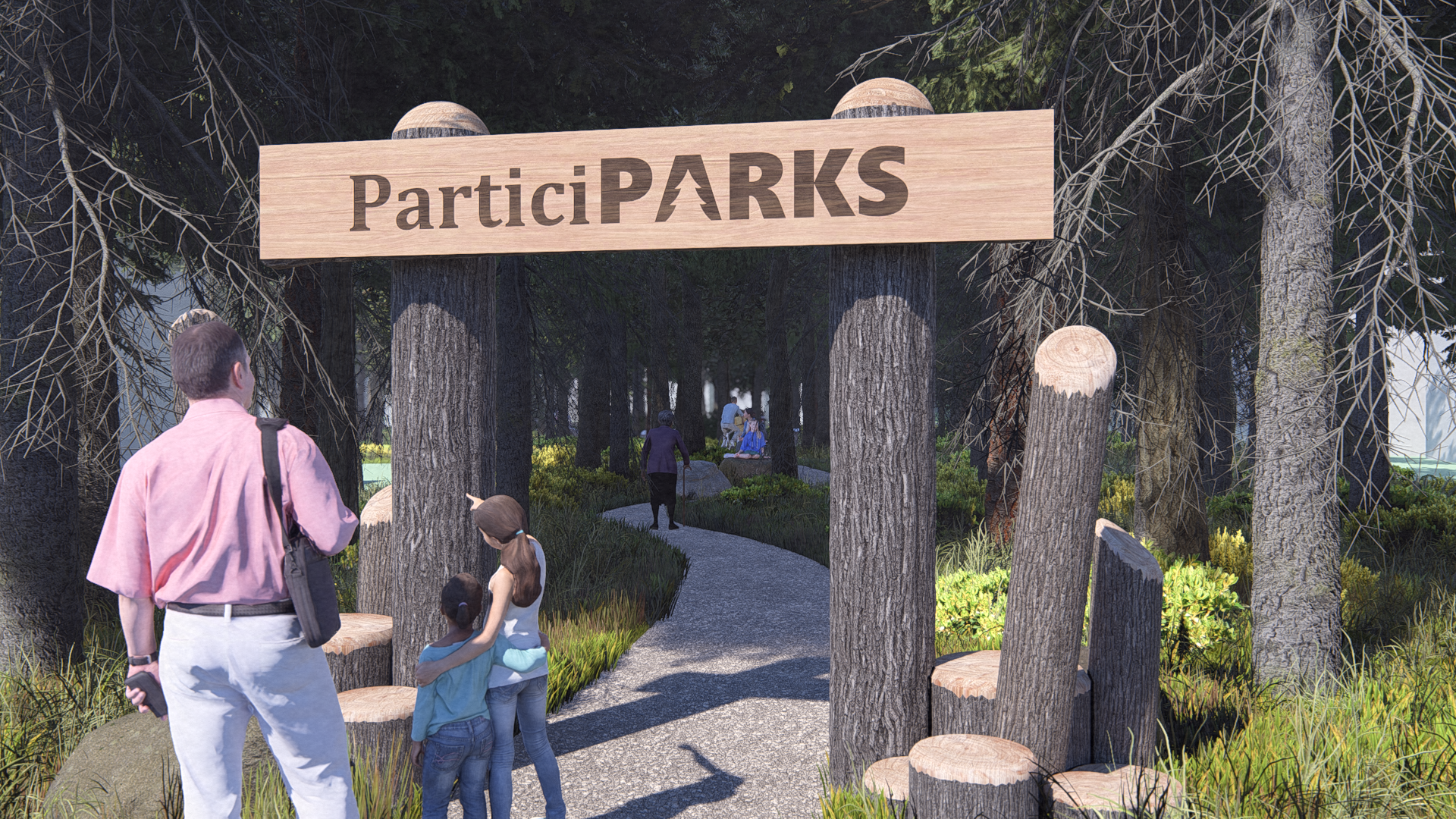 A group of people walking on a park path below a ParticiPARKS sign. A group of people walking on a park path below a ParticiPARKS sign.