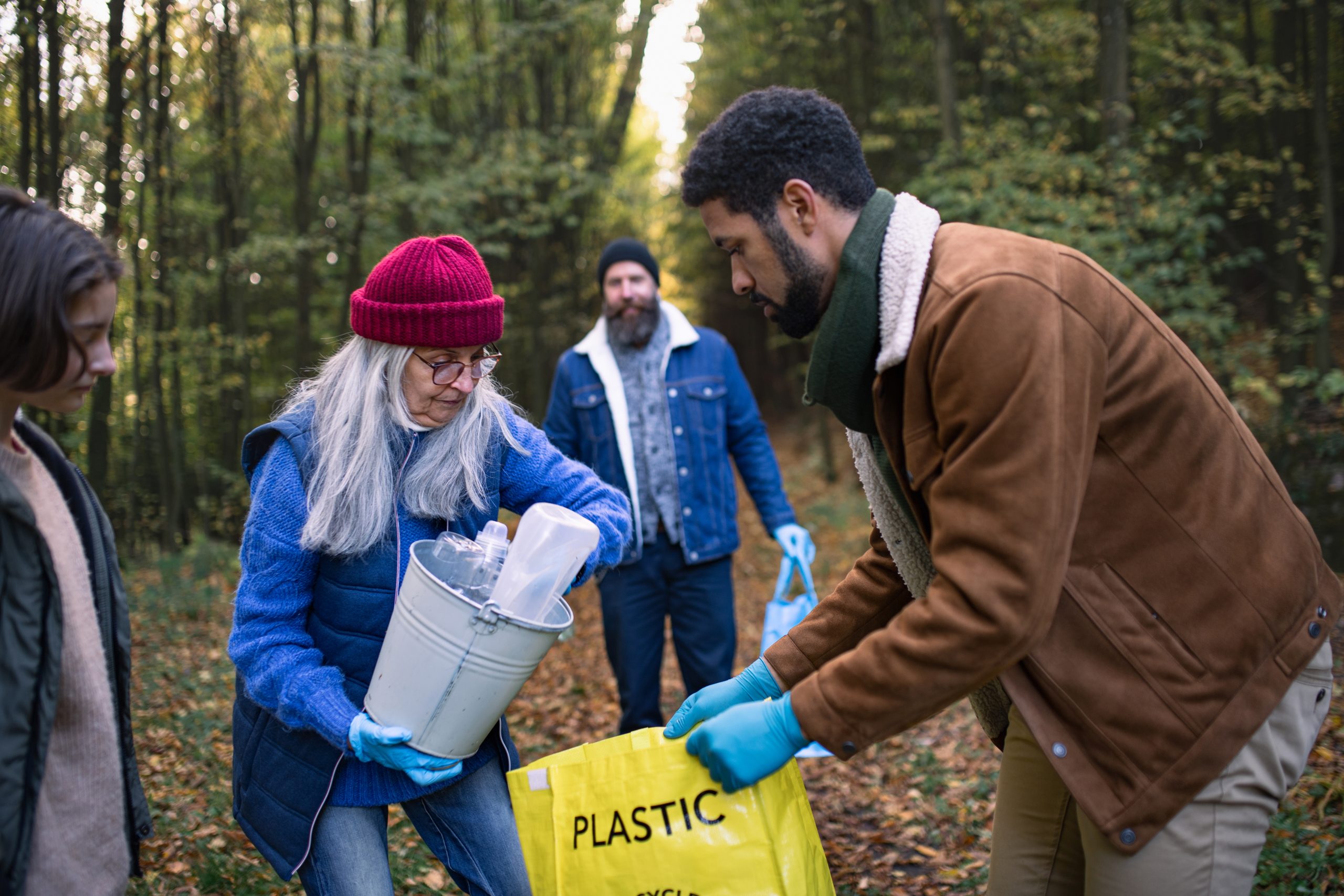 A group of people picking up trash in a forest. A group of people picking up trash in a forest.