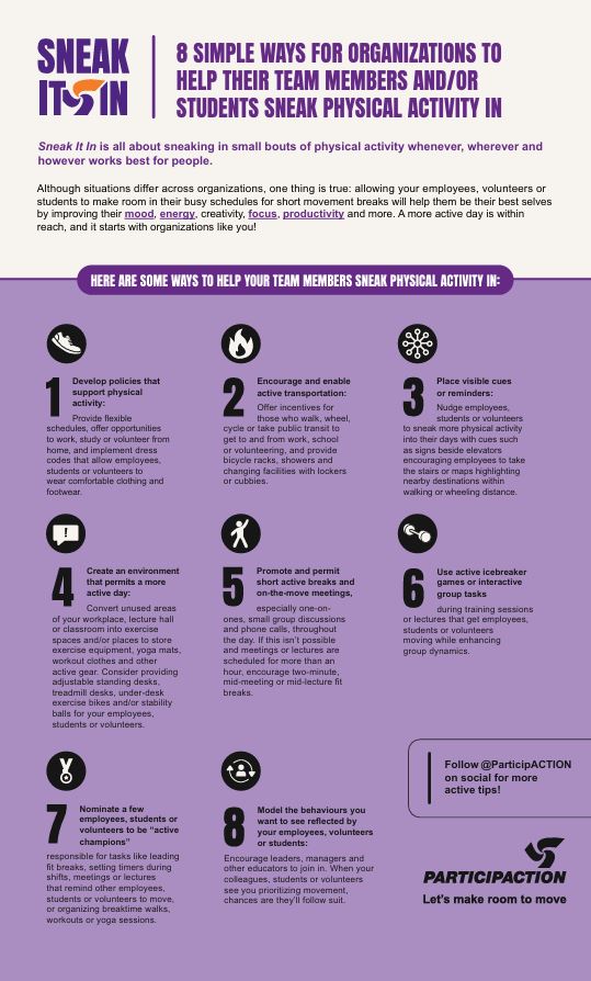 SII 2025 tip sheet for organizations cover - 8 simple ways for organizations to help their team members, students sneak physical activity in SII 2025 tip sheet for organizations cover - 8 simple ways for organizations to help their team members, students sneak physical activity in