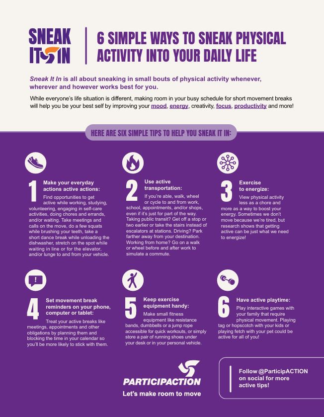 SII 2025 tip sheet cover - 6 simple ways to sneak physical activity into your daily life SII 2025 tip sheet cover - 6 simple ways to sneak physical activity into your daily life