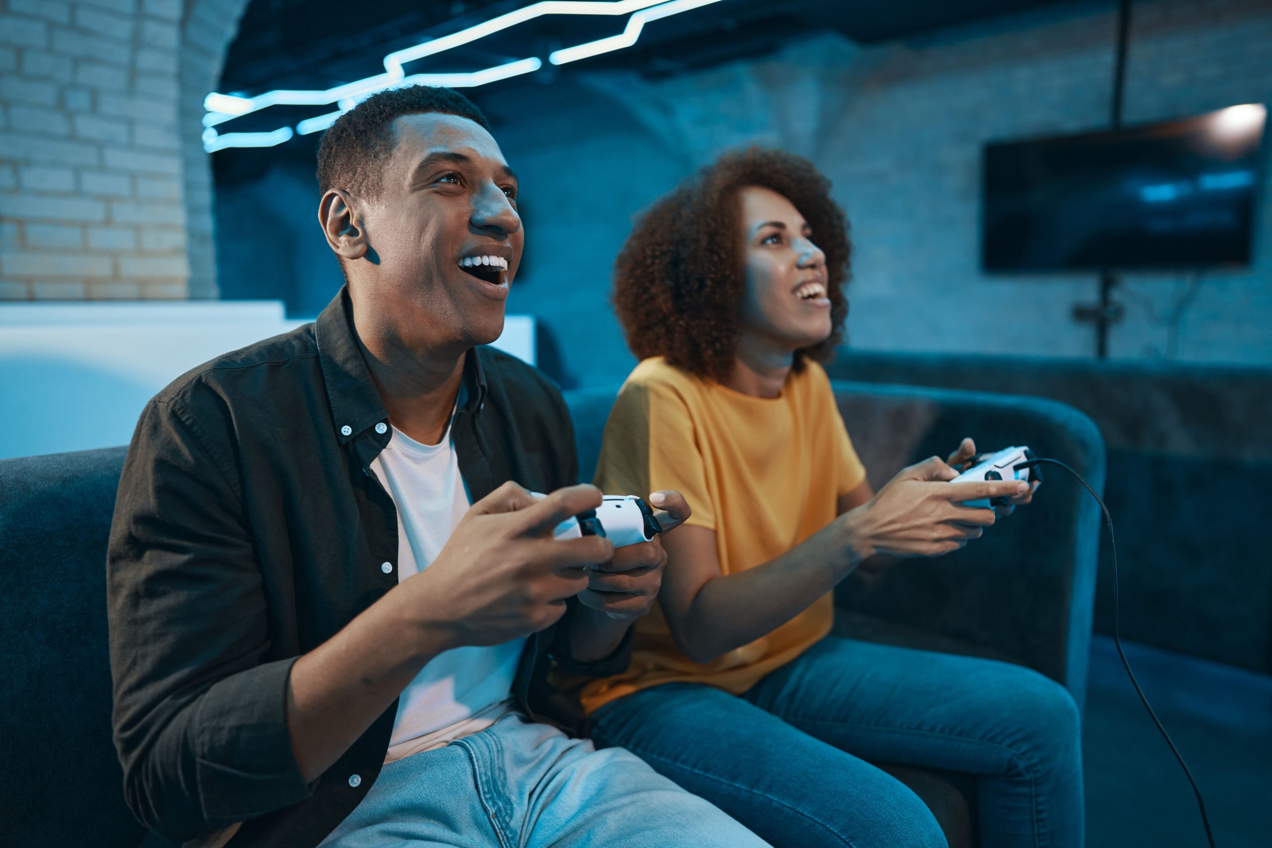 A couple playing video games. 