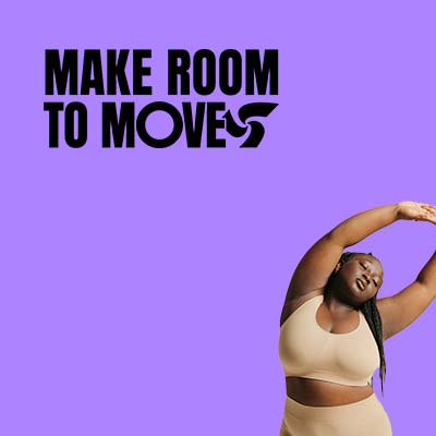 A woman stretching her arms beside the Make Room to Move logo